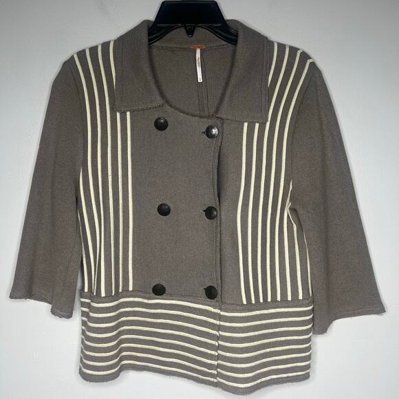Free People Double Breasted Cardigan Sweater Sz L Gray Beige Boho Lagenlook Art - Picture 1 of 9